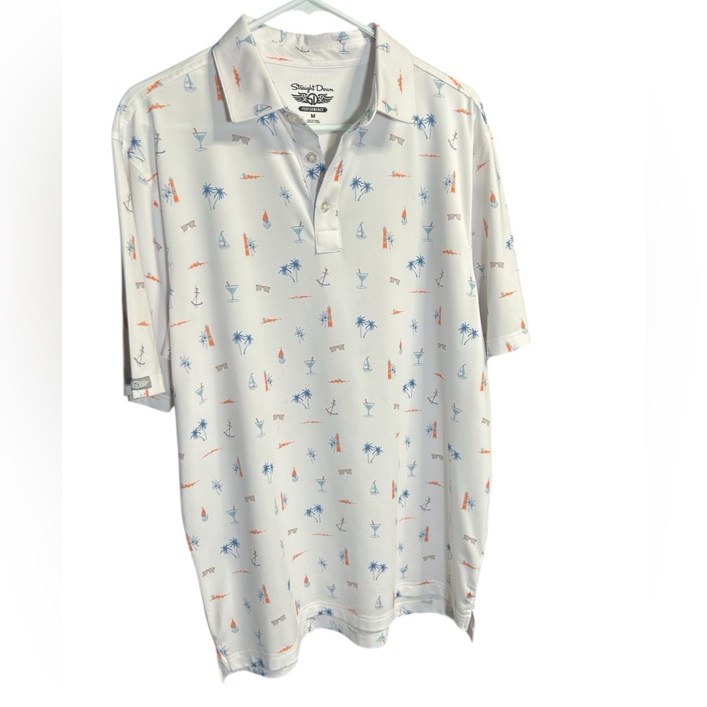 Straight Down Men's White Performance Polo Shirt with Nautical Print